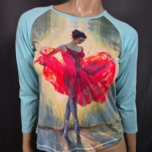 Y2K Ballerina Graphic Art Print T Shirt Top Baseball Tee Size M Fairy Blue Red